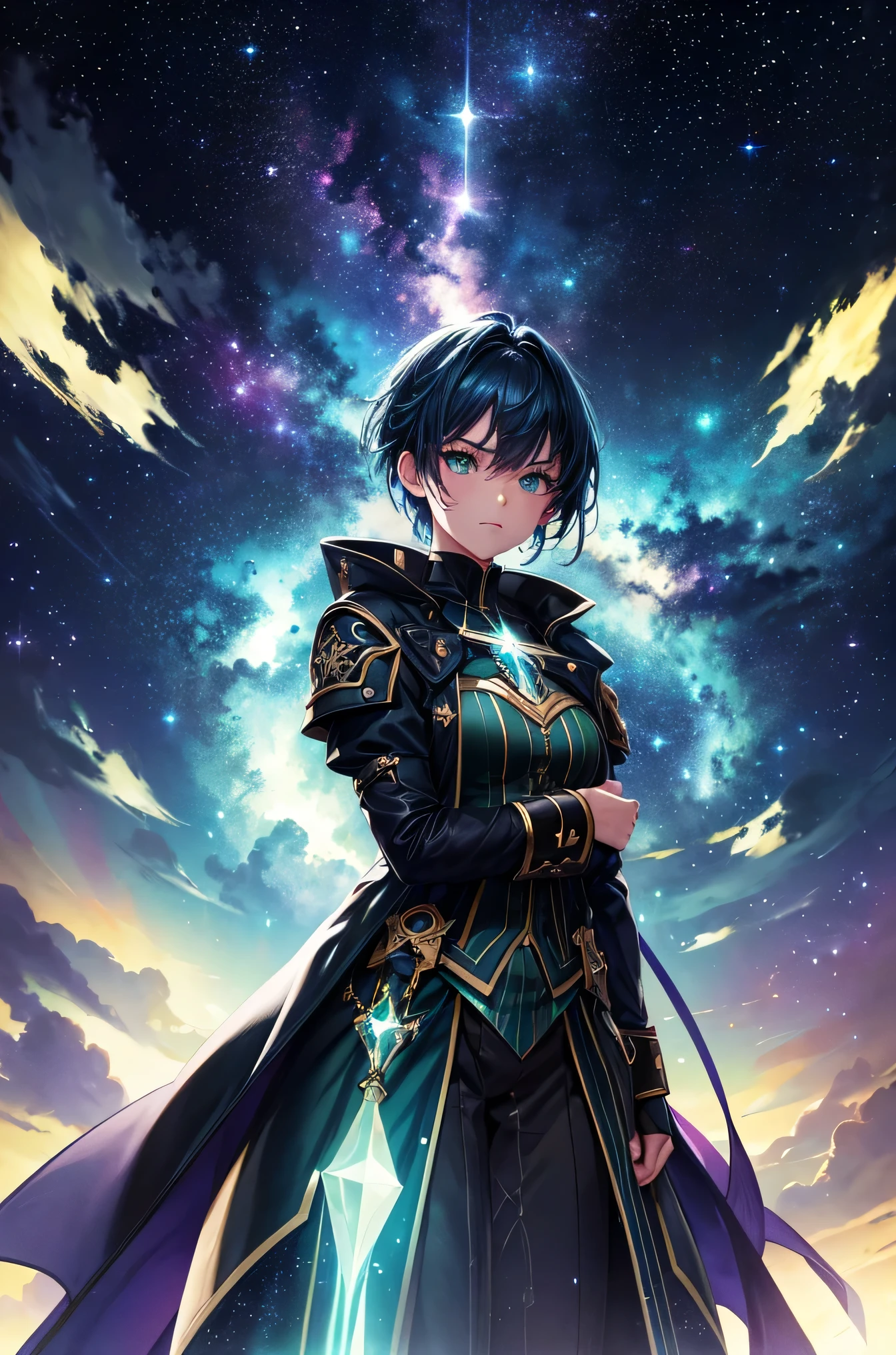 (Dramatic light), (ultra detail body), in horizon, blue, purple starry, Detail sharp face, 1 girl, handsome, cute, 20 yo, short green hair, pony between eyes, green eyes, galaxy, starry night, a traveler, magical, astral view, black cloth, dark green coat, anime art