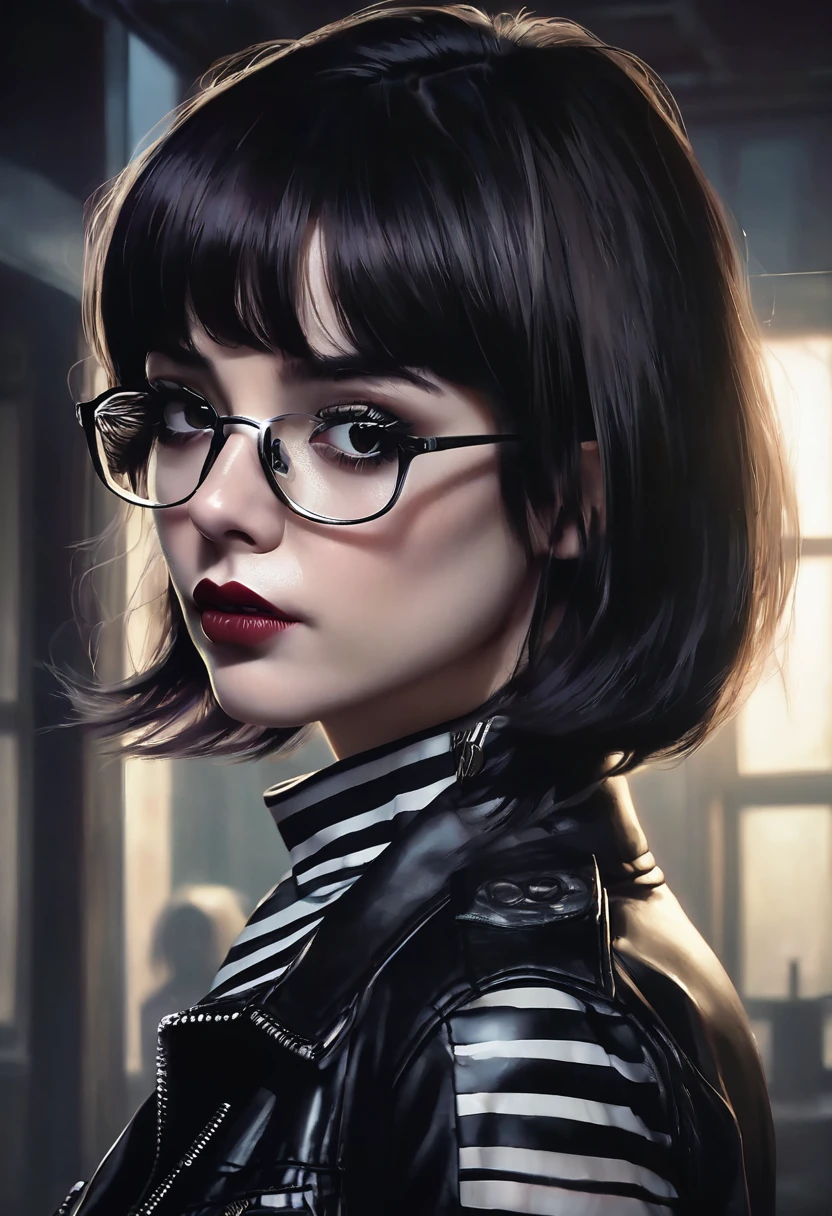 1 woman, inside a dark and gloomy house, wearing a striped blouse with a black leather jacket over it, detailed facial features, feminine brown eyes, pale and detailed skin, black bob hair with blunt bangs, ear piercing, black lipstick and dark makeup, dramatic lighting, cinematic composition, dark palette, dark colors, atmospheric fog, thin chin, serious face, eyeglasses, beautiful woman, adult woman, ultra realistic, profile picture, gorgeous, surreal beauty, 25 years old, (best quality, 4K, 8K, high resolution, art: 1.2), ultra detailed (realistic, photorealistic, photorealistic: 1.37)