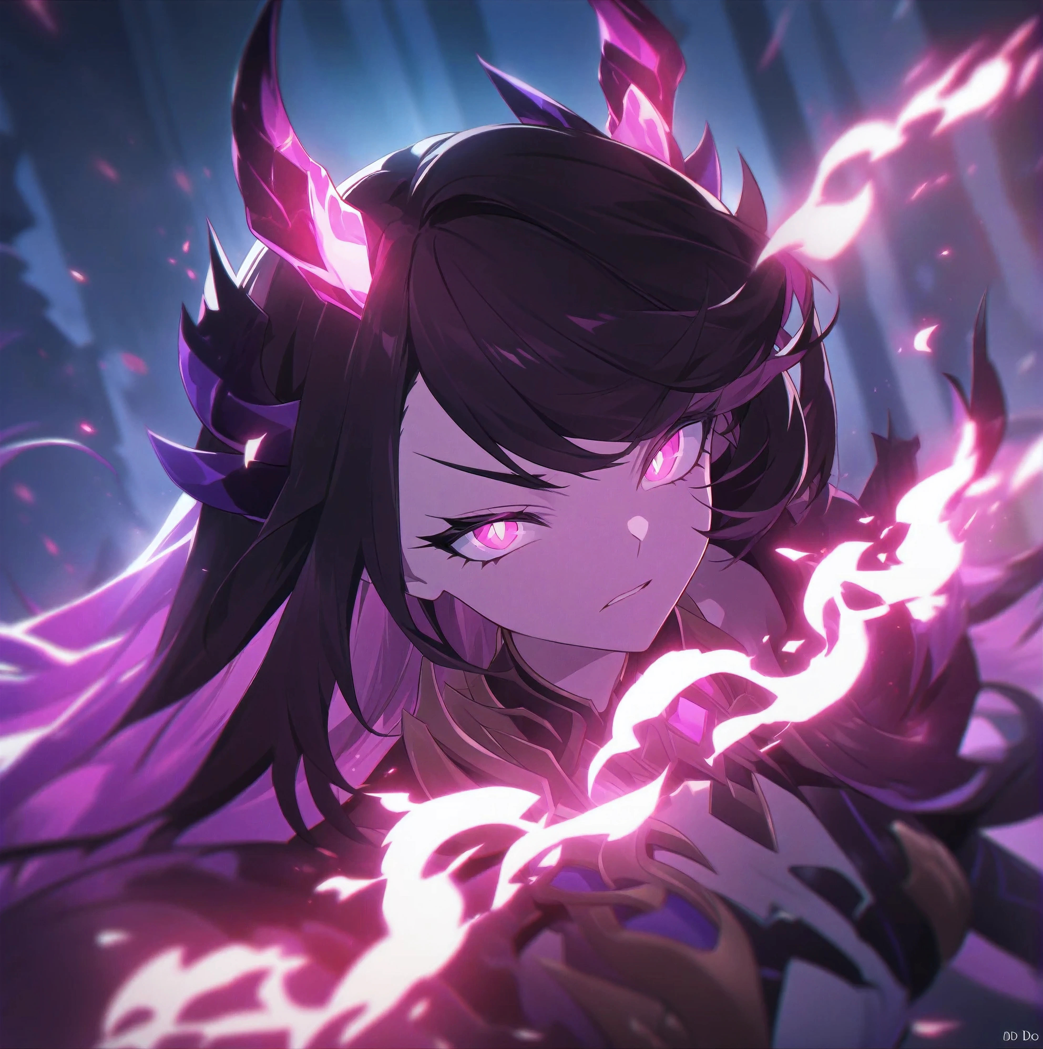 anime girl with horns and glowing eyes in a dark room, must tear from the overlord, irelia, demon anime girl, best 4k konachan anime wallpaper, 4K anime-style, Will destroy the Bloodfallen, KDA, dos arknights, irelia from League of Legends, Badass anime 8 K, from League of Legends
