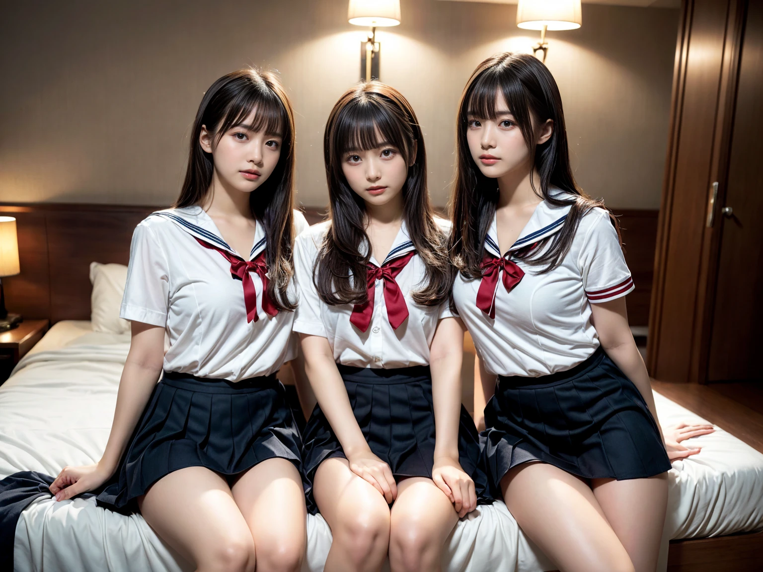 masterpiece, best quality, illustration, Super detailed, fine details, High resolution, 8K,wall paper, perfect dynamic composition,(Details High quality, realistic depiction of eyes:1.3), (3 girls), Black Sailor Uniform, serafuku, Navy pleated skirt, sitting, open legs, short bob hair, in a hotel room in the background, deep on field, large breasts, black hair color, Big Natural Color Lip, (perfect body shape), crying a little、Harajuku style、20 year old girl、cute type、beautiful legs, Gravure Idol