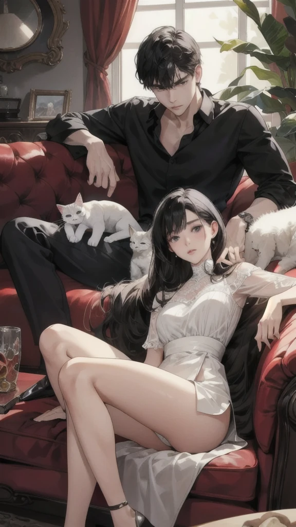 A young Caucasian man and a young Caucasian girl sit on a sofa in an apartment with several cats.., black hair, high resolution, best quality, Anatomically correct, details, detailsสูง, detailsมาก, high resolutionสุด, โมเดลhigh resolution,