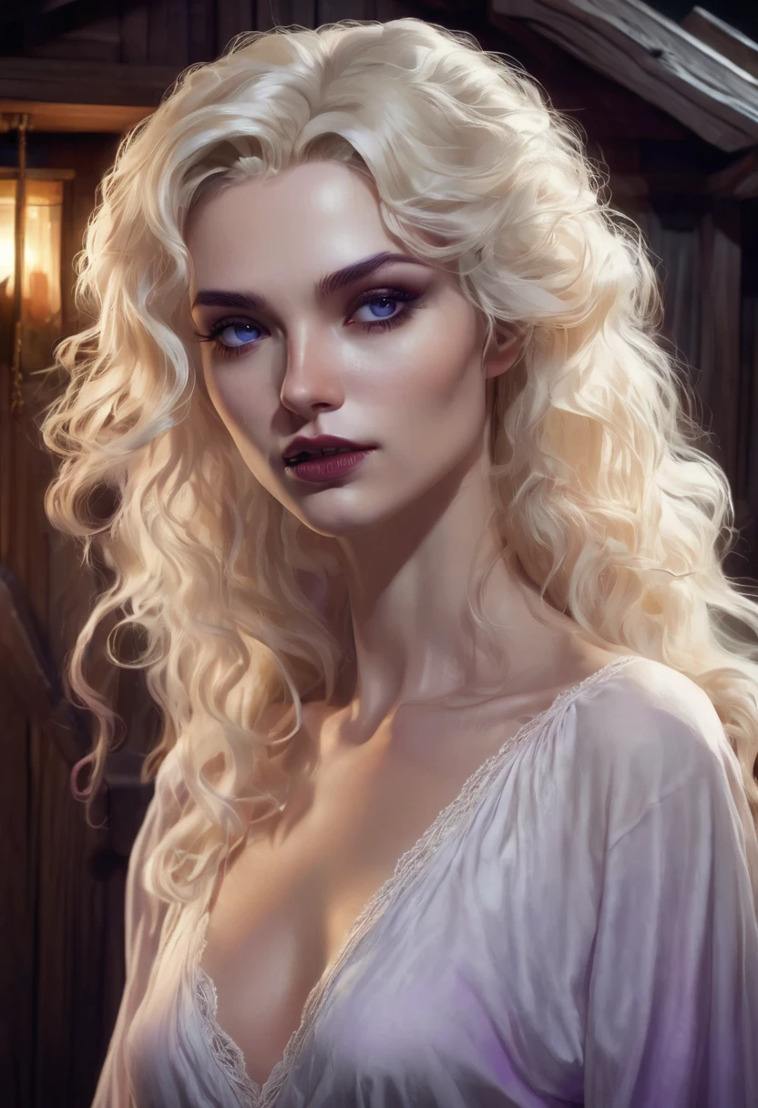 1 woman, she is a vampire, inside a wooden house at night, wearing a white nightgown, detailed facial features, feminine purple eyes, pointy ears, detailed white skin, long curly light blonde hair, dramatic lighting, cinematic composition, dark palette, dark colors, atmospheric haze, thin chin, soft face, serious face, woman and pretty, adult woman, ultra realistic, profile picture, gorgeous, surreal beauty, adult woman (best quality, 4K, 8K, high resolution, art: 1.2), ultra detailed (realistic, photorealistic, photorealistic: 1.37)