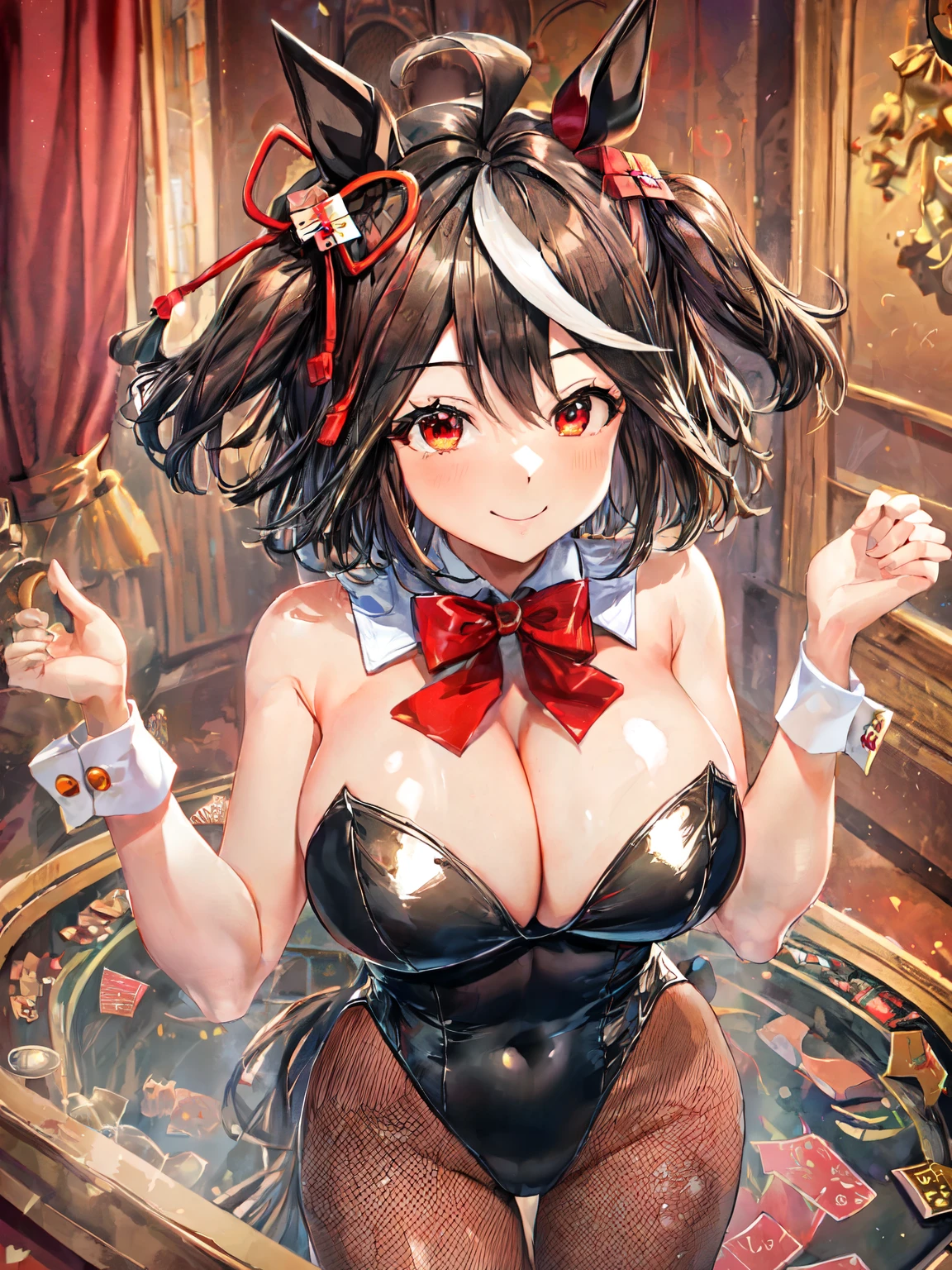 ((Highest quality, masterpiece, High resolution)), One girl, Kitasan Black\(umamusume\), Bunny girl, casino, smile, Are standing, Cleavage, Horse tail, Perfect hands, ((Black Bunny Suit, Red bow tie, Fishnet tights)), Large Breasts