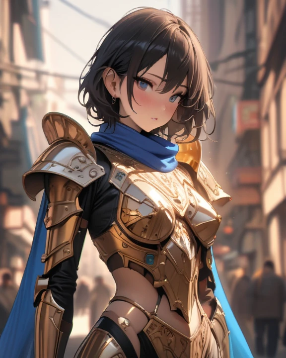 masterpiece, absurd, Fine details, Human Development Report,highly detailed armor with gold plating, shiny armor, Reality,Programmable Logic Devices_armor, a female knight in armor, wearing Programmable Logic Devices_armor, Blue scarf