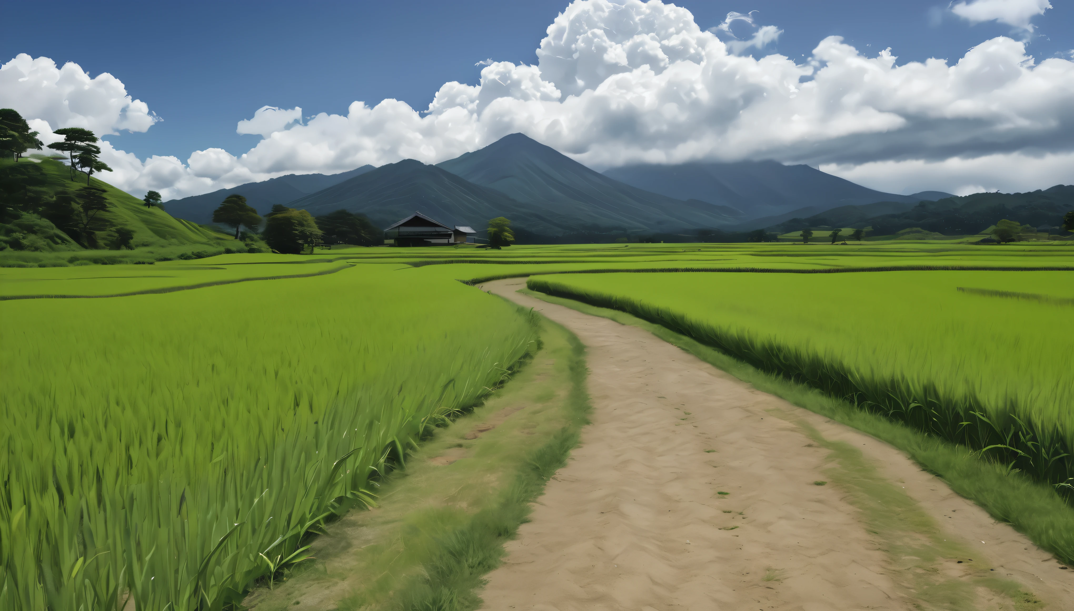 a peaceful rural japanese landscape, lush green rice fields, winding dirt paths, summer day, clear skies, towering cumulus clouds, midday sunlight, (best quality,4k,8k,highres,masterpiece:1.2),ultra-detailed,(realistic,photorealistic,photo-realistic:1.37),HDR,UHD,studio lighting,vivid colors,professional