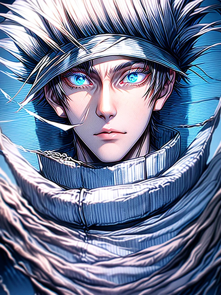 Gojo Satoru、Jujutsu Kaisen、Gray Hair、No blindfold、Handsome、Handsome、tall、Model-like body、beautiful、Shining Blue Eyes、Super detailed、masterpiece、Highest quality