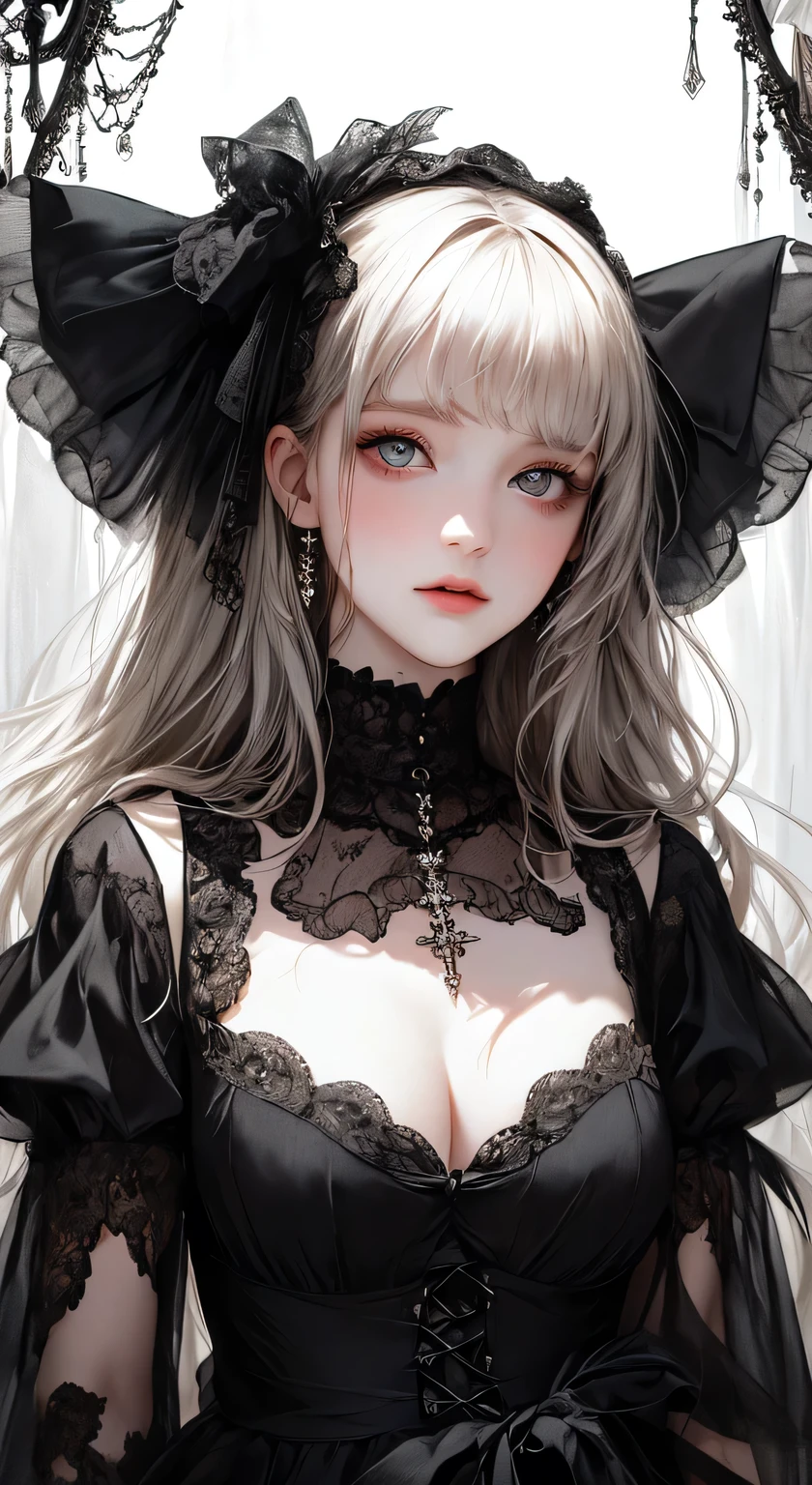 ((masterpiece, Highest quality, Very detailed, High resolution)), alone, beautiful girl, Shining Eyes, Perfect Eyes, , Black White Gold theme,Gothic
