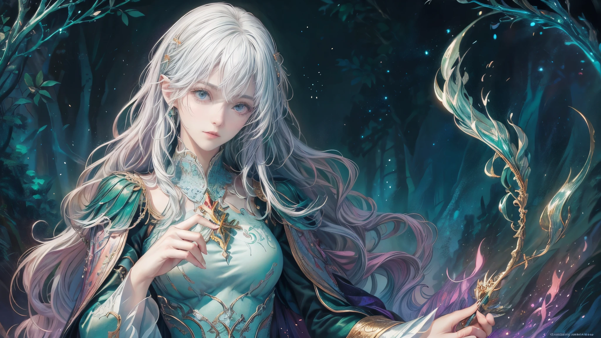 (Highest quality,4K,8k,High resolution,masterpiece:1.2),Very detailed,(Realistic,photoRealistic,photo-Realistic:1.37),Vibrant colors:1.2,Portraiture, Beautiful attention to detail,Beautiful lip detail,Very detailed目と顔,Long eyelashes,Soft Skin,Magic Background, Ethereal atmosphere,Fantasy Theme,Glowing magic runes,Magical forest background,Magic in the air,Playful facial expressions and gestures,Harmonious color palette,Delicate facial features,Fine hair flow,Sparkling Blue Eyes,sharp green eyes,Mysterious Aura,Fairytale-like setting,bright skin tone,Graceful posture,Dreamy and whimsical mood,Expressive and captivating,Attractive and seductive,Sparkling and vibrant,calm and serene,Dazzlingly fascinating,Enchanting and magical,Enchanting and mysterious