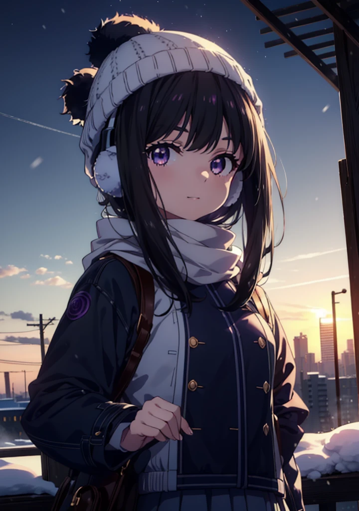 Takiuchikami,Long Hair, bangs, Black Hair, (Purple eyes:1.2),happy smile, smile, Open your mouth,Knitted hat,Earmuffs,Blue oversized coat,White scarf,Long skirt,Black pantyhose,short boots,snowが積もっている,snowが降っている,winter,Cold Sky,night,moonlight,snow,snow,snow,snow,whole bodyがイラストに入るように,Walking,
break looking at viewer, whole body, 
break outdoors, city,construction area,
break (masterpiece:1.2), highest qualそれy, High resolution, unそれy 8k wallpaper, (shape:0.8), (Beautiful and beautiful eyes:1.6), Highly detailed face, Perfect lighting, Extremely detailed CG, (Perfect hands, Perfect Anatomy),