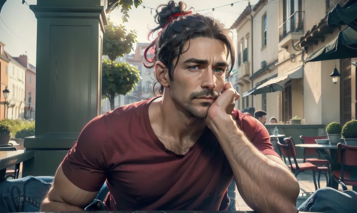 "((highly detailed, detailed eyes, detailed face, clear and realistic facial features, photorealistic, realistic light; cinematic)), (1 man), ((((classy patio background)))), (((sophisticated gorgeous refined middle-aged male artist))), ((strangely beautiful yet masculine)), ((((intense fascinated expression)))), ((serene mood)), (((dark green eyes))), ((long wavy brunette hair tied up in small man-bun)), (((dressed in a red shirt and denim shorts)))."