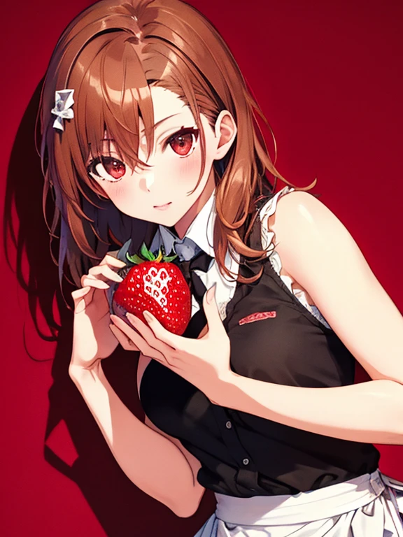 A Strawberry, Kitchen background, Misaka Mikoto, highest quality, 1girl, uhd, retina, masterpiece, ccurate, anatomically correct, textured skin, super detail, high details, high quality, best quality, highres, 4K
