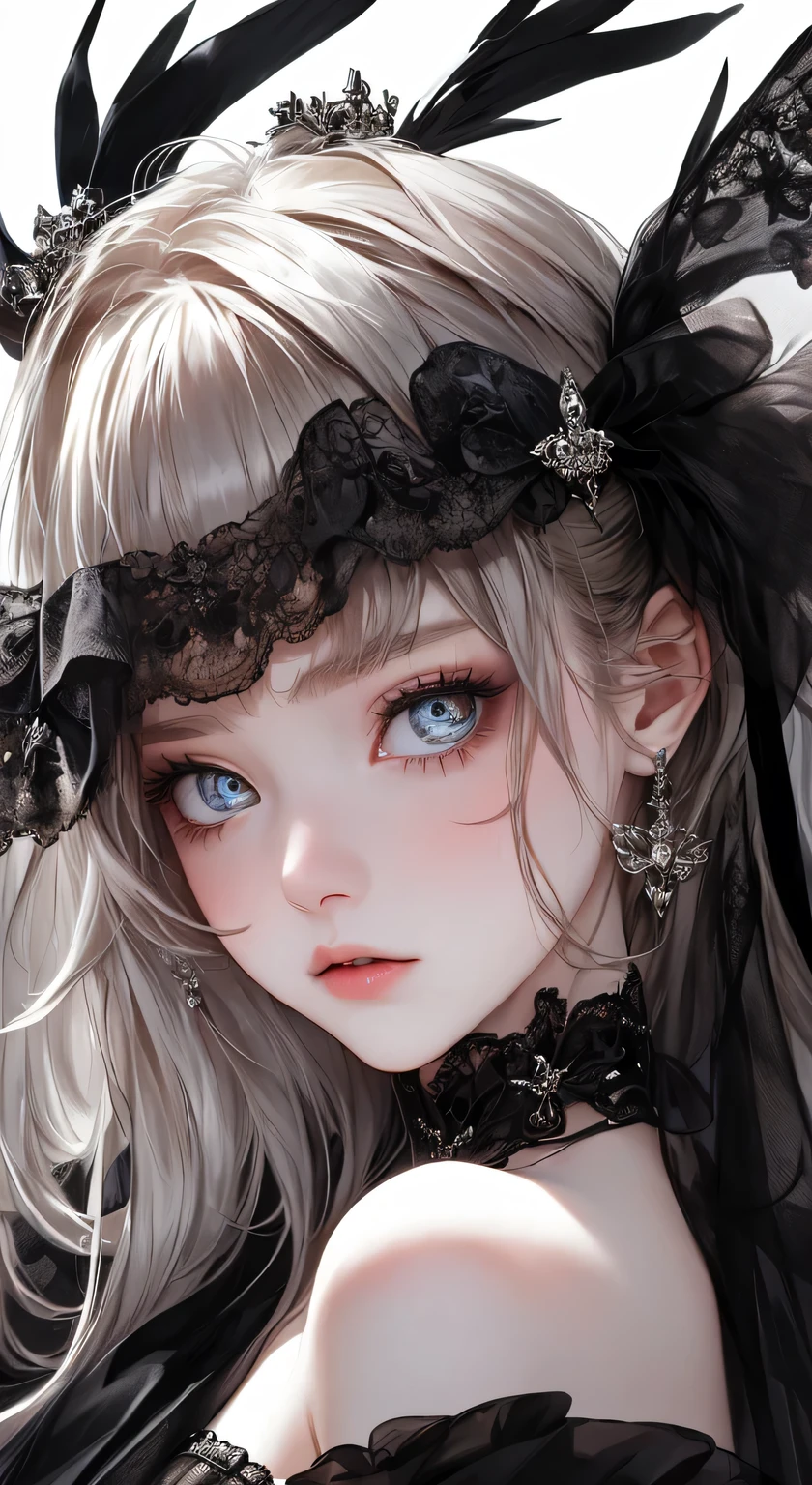 ((masterpiece, Highest quality, Very detailed, High resolution)), alone, beautiful girl, Shining Eyes, Perfect Eyes, , Black White Gold theme,Gothic