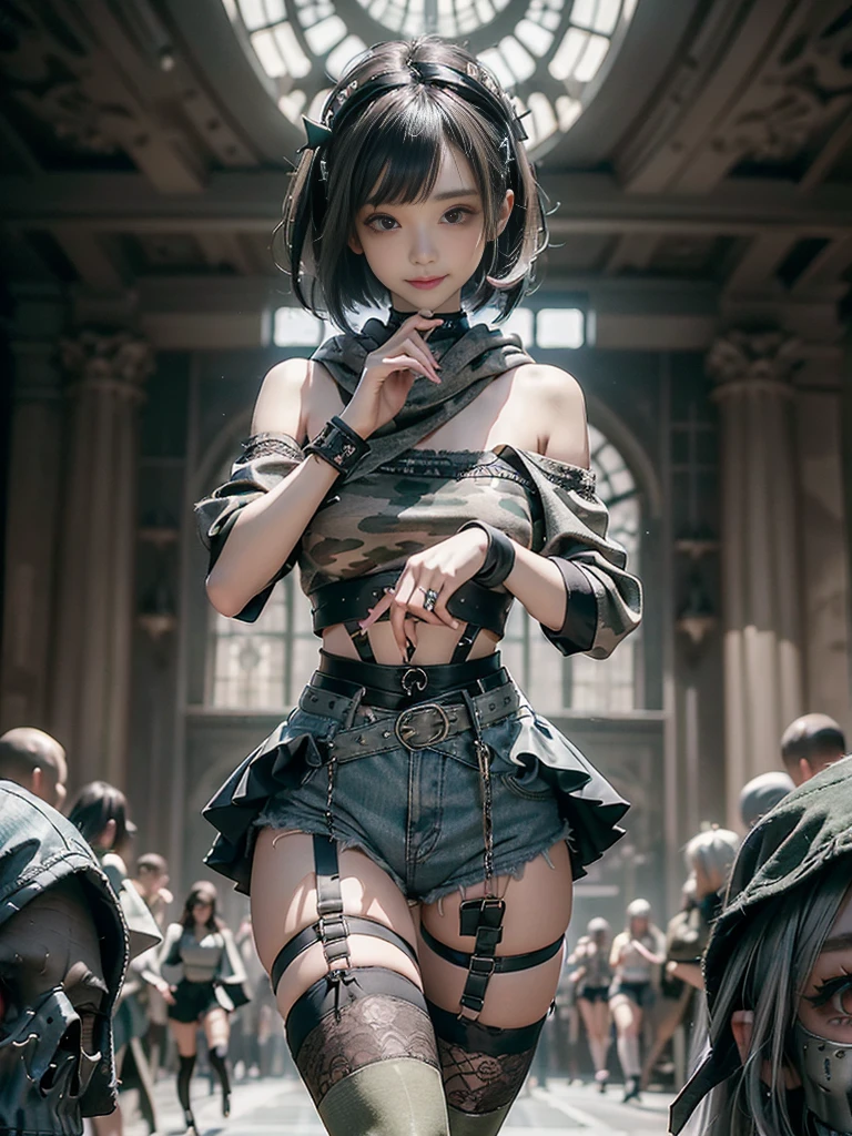 (Beautiful skin, lips and nose:1.5)、(Smiling with teeth showing:1.3),(Fashion Model:1.5)、(Gothic Lolita delicately decorated battle uniform:1.5)、(Moss green off-shoulder hoodie:1.5)、(Black, silver and white shorts:1.4)、(denim garter belt:1.5)、(Black and camouflage knee socks:1.3)、(Skull Silver Accessories:1.5)、(Lace collar:1.3)、(Brown Skin Belt:1.4)、(Brown boots:1.2)、(Underwear has polka dots:1.4)、23 years old、((Highest quality、In 8K、masterpiece:1.3))、Sharp focus:1.2、(Layered Cut、Huge boobs:1.1),Beautiful woman with perfect figure:1.4、(Dancing vigorously:1.3)、Slender Abs:1.2、Highly detailed face and skin texture、Detailed eyes、double eyelid,(Bob Hair:1.3)、(Black brown hair:1.3)、Gravure idol、(The background is a gorgeous fashion show:1.3)、(Slim Body:1.2),(Make your legs thinner:1.4),(clavicle:1.1)