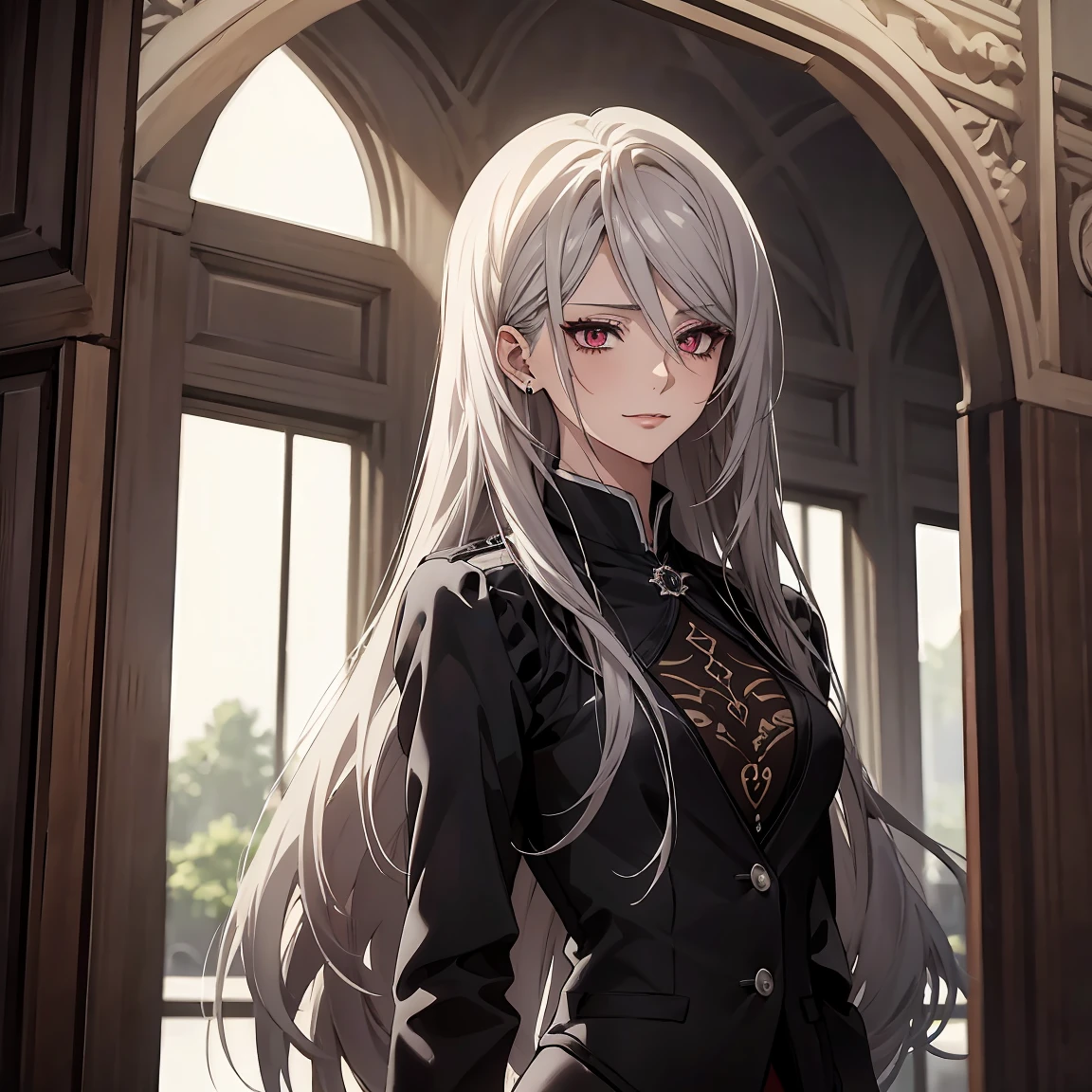 (Confused, High resolution, Very detailed), 1 female, Silver Hair,Long Hair,Crimson Eyes,Dark suit,secretary,Knot,24th generation,Beautiful woman,mature,thin,quiet,Calm,Small breasts,A small smile,Reception room,