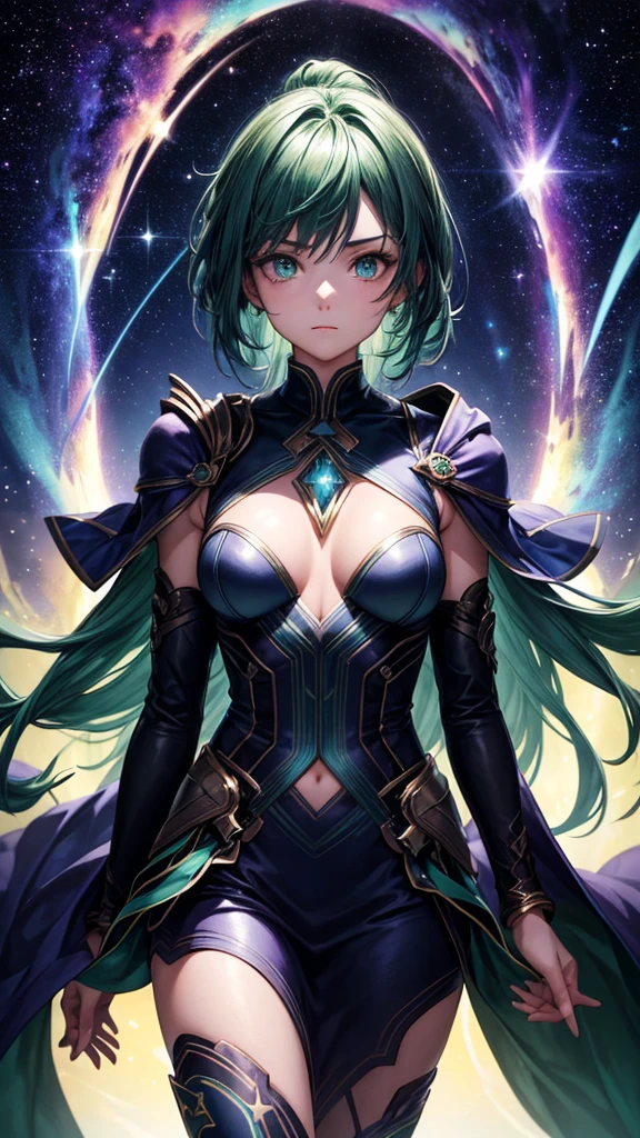 (Dramatic light), (ultra detail body), in horizon, blue, purple starry, Detail sharp face, 1 girl, handsome, cute, 20 yo, short green hair, pony between eyes, green eyes, galaxy, starry night, a traveler, magical, astral view, black cloth, dark green coat, anime art