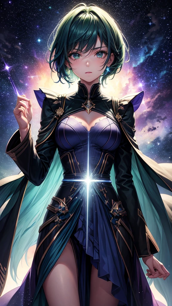 (Dramatic light), (ultra detail body), in horizon, blue, purple starry, Detail sharp face, 1 girl, handsome, cute, 20 yo, short green hair, pony between eyes, green eyes, galaxy, starry night, a traveler, magical, astral view, black cloth, dark green coat, anime art