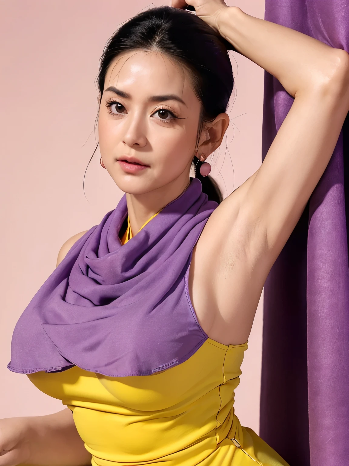 (masterpiece:1.2, best quality:1.2), (1girl), RAW photo, ultra high resolution, professional lightings, cinematic lightings, 8k wallpaper, ultra realistic portrait of chichi, dragonball, older chichi_dbz, Milf, (((ultra realistic mature older face, ultra detailed mature older face, ultra realistic wrinkles on face and eyes, ultra detailed wrinkles on face and eyes))), (((yellow china dress, purple scarf))), earrings, bangle, bracelet, boots, detailed face, detailed eyes, highres, detailed skin texture, ultra slim waist, perfect slim body style, black hair, (slicked back & dango hair style:1.3), big eyes, double eyelids, ((ultra huge breasts, ultra huge tits, ultra huge boob, ultra huge cleavages)), (grasses, rocks, trees:1.35, mountain view, sky, cloud), ((shoe me your armpits & underarms, exposed ultra realistic shaved armpits, disclosed ultra detailed shaved underarms)), half-smile, looking at viewer, nsfw, full body shot, panorama view, zoom out angle,