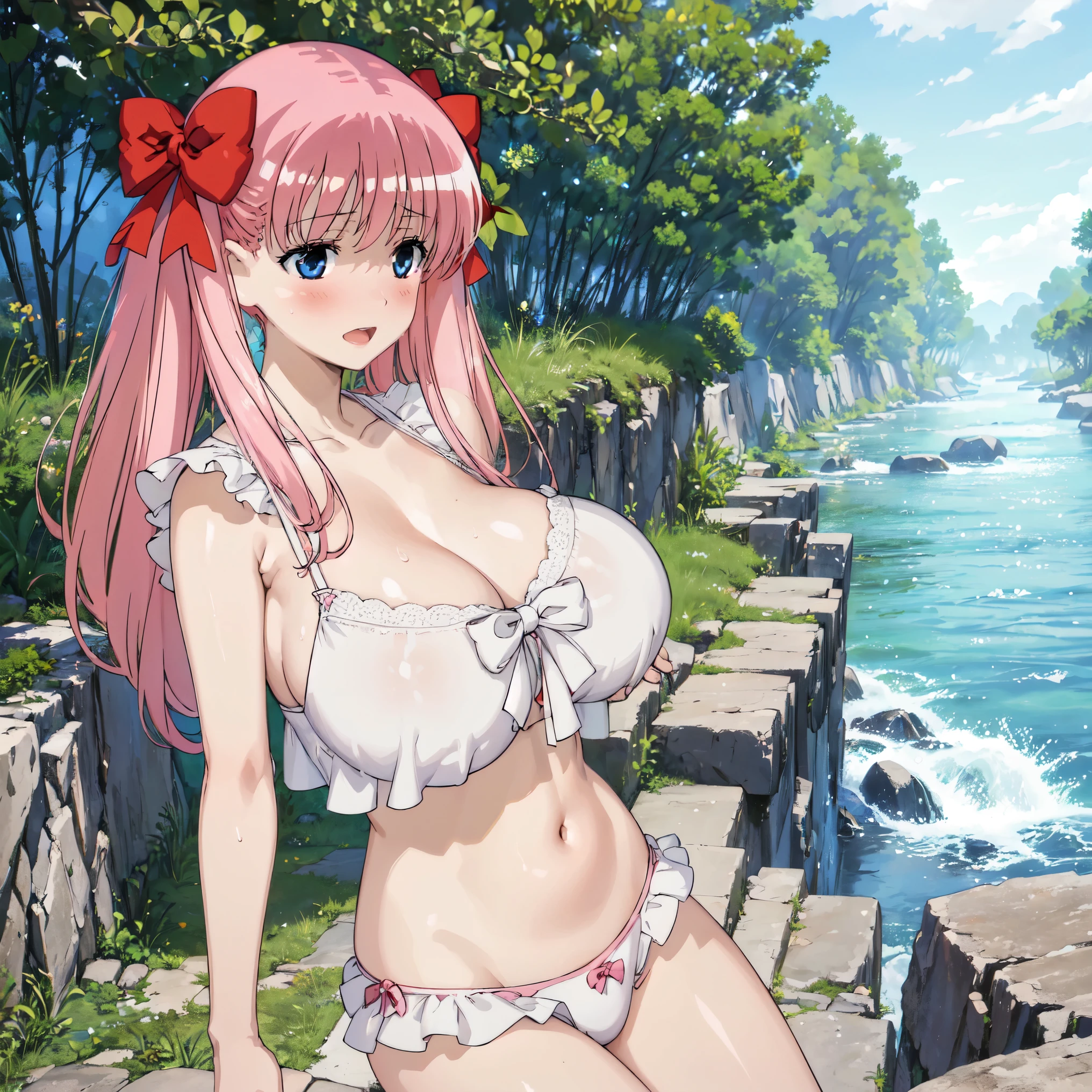 1women,  ((huge tits)),  bra, panties, outdoor, river, wet skin, ((busty)), pink hair, blue eyes, twintail hair, open mouth, hair ribbon, view at camera, upperbody, smile, closed eyes, blush face