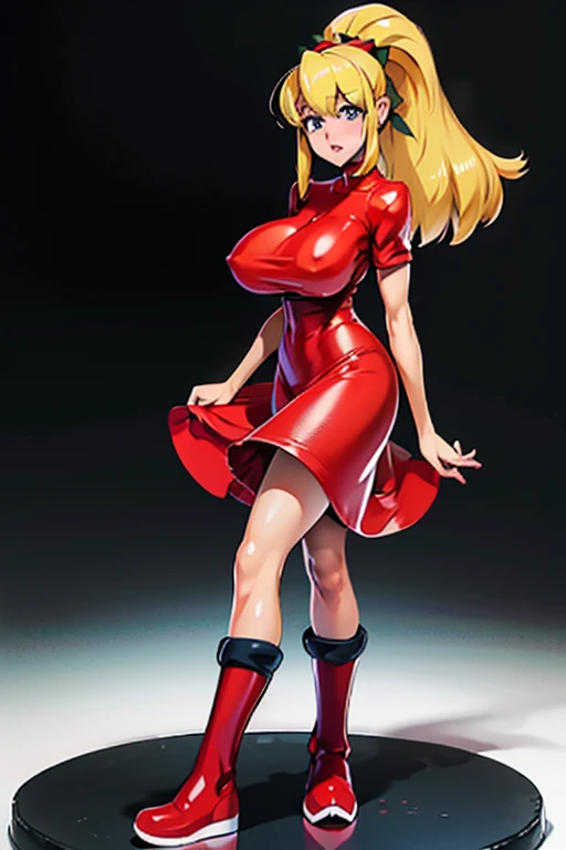 Generate an illustration of a mature Roll, gym leader of megaman , (red dress), hd, black top, white bib, holding all, de terno preto, long blonde hair, long ponytail, hair bangs, fringes, shiny hair, (gigantic breasts:1.4), outfit in anime format with a serious style, boots, make up, masterpiece, dark lighting, black background, puffy lips,(slendered abeautiful face,