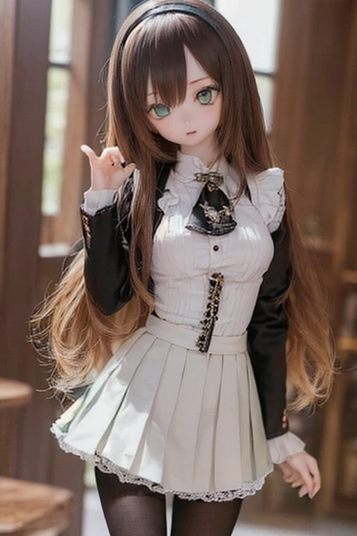(SFW:2), photorealistic, realistic photo, 8k, ((highest quality)), ((masterpiece)), (extremely detailed), kukolnydom, doll, (mature woman, 21yo, 21 years old, solo:1.6), ((cowboy shot, standing, head tilt, slim, slender, skinny, medium breasts, hairband, ascot, blouse, long puff sleeves, pleated skirt, black pantyhose)), (green eyes, brown hair, long hair, plastic skin, looking at another, glass eyes, gradient eyes, shining eyes, detailed eyes:1.3)