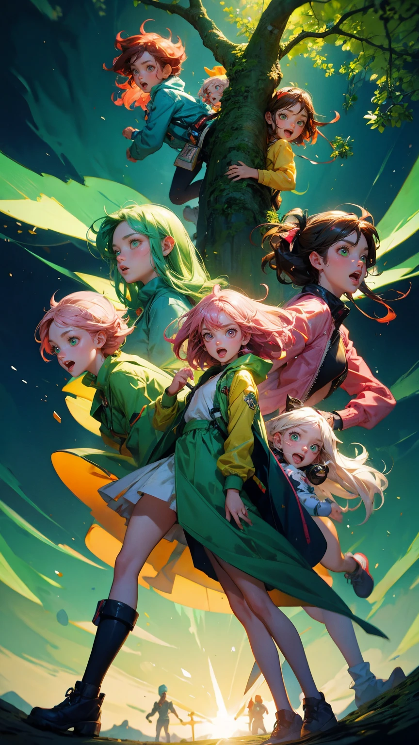 A surreal and chaotic scene featuring multiple characters with exaggerated, wide eyes and open mouths, holding megaphones and shouting 'ANNOUNCEMENT OF ANNOUNCEMENT.' The characters are wearing green and pink suits and are scattered around a large tree with green beams of light radiating from the background. Some characters are climbing the tree, while others are standing or floating mid-air, all looking frenzied and animated. Replace all characters with beautiful, cute girls while maintaining the same surreal, chaotic, and exaggerated expressions and poses. The background, tree, and overall color scheme should remain exactly the same