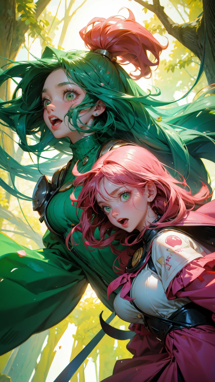 A surreal and chaotic scene featuring multiple characters with exaggerated, wide eyes and open mouths, holding megaphones and shouting 'ANNOUNCEMENT OF ANNOUNCEMENT.' The characters are wearing green and pink suits and are scattered around a large tree with green beams of light radiating from the background. Some characters are climbing the tree, while others are standing or floating mid-air, all looking frenzied and animated. Replace all characters with beautiful, cute girls while maintaining the same surreal, chaotic, and exaggerated expressions and poses. The background, tree, and overall color scheme should remain exactly the same