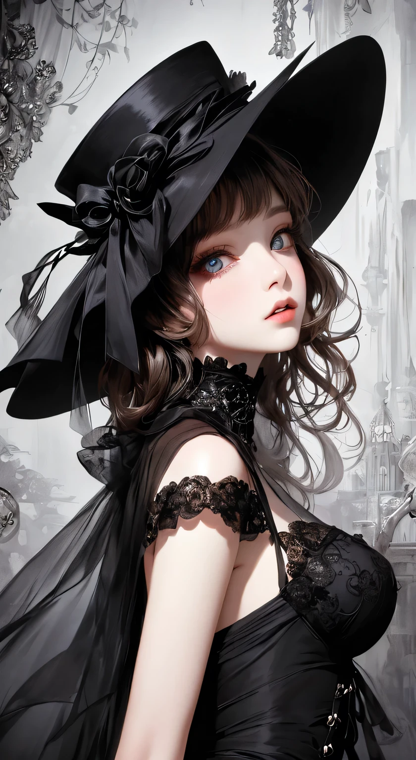 ((masterpiece, Highest quality, Very detailed, High resolution)), alone, beautiful girl, Shining Eyes, Perfect Eyes, 15 years old, Black White Gold theme,Gothic、Big hat