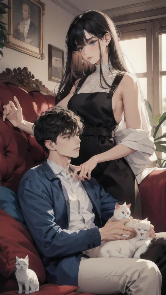A young Caucasian man and a young Caucasian girl sit on a sofa in an apartment with several cats.., black hair, high resolution, best quality, Anatomically correct, details, detailsสูง, detailsมาก, high resolutionสุด, โมเดลhigh resolution, 