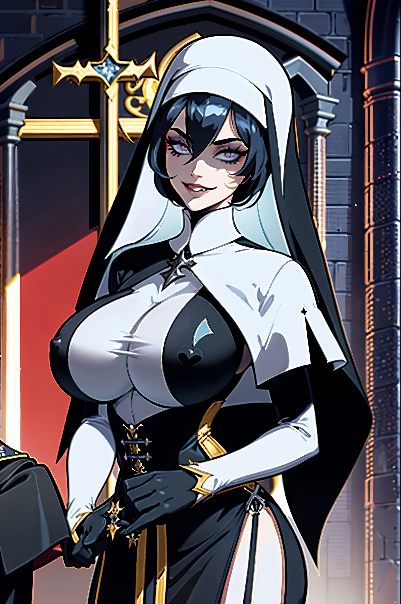 1 girl, highy detailed, detailed light and shadow, Nun, striking clothes, roupas de Nun, close-fitting clothes, pray, malicious smile, dark theme, hair long black, gothic themed image, focus on the central character, gazing at viewer, big boobies, breasts marked by clothes, gothic church background