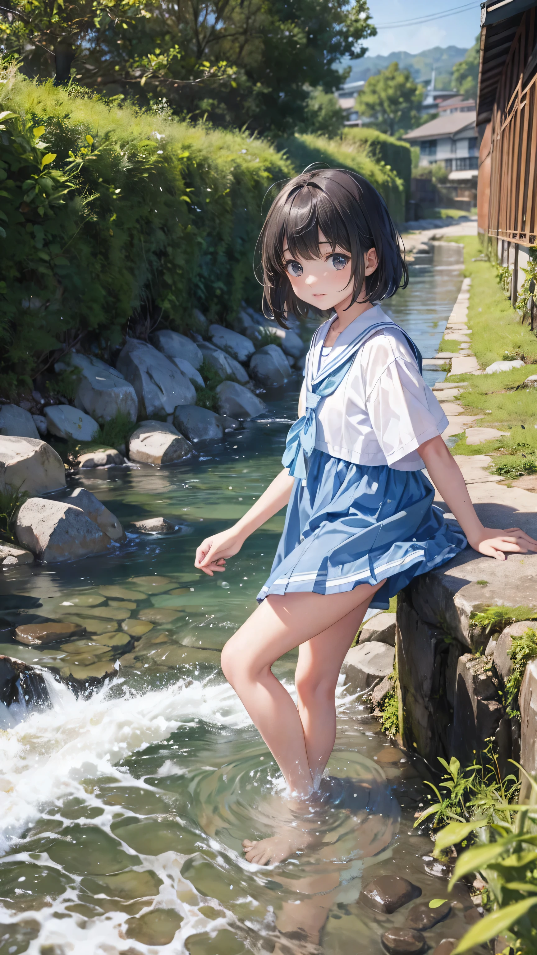 Playing in the flowing river、A very cute 11-year-old elementary school girl