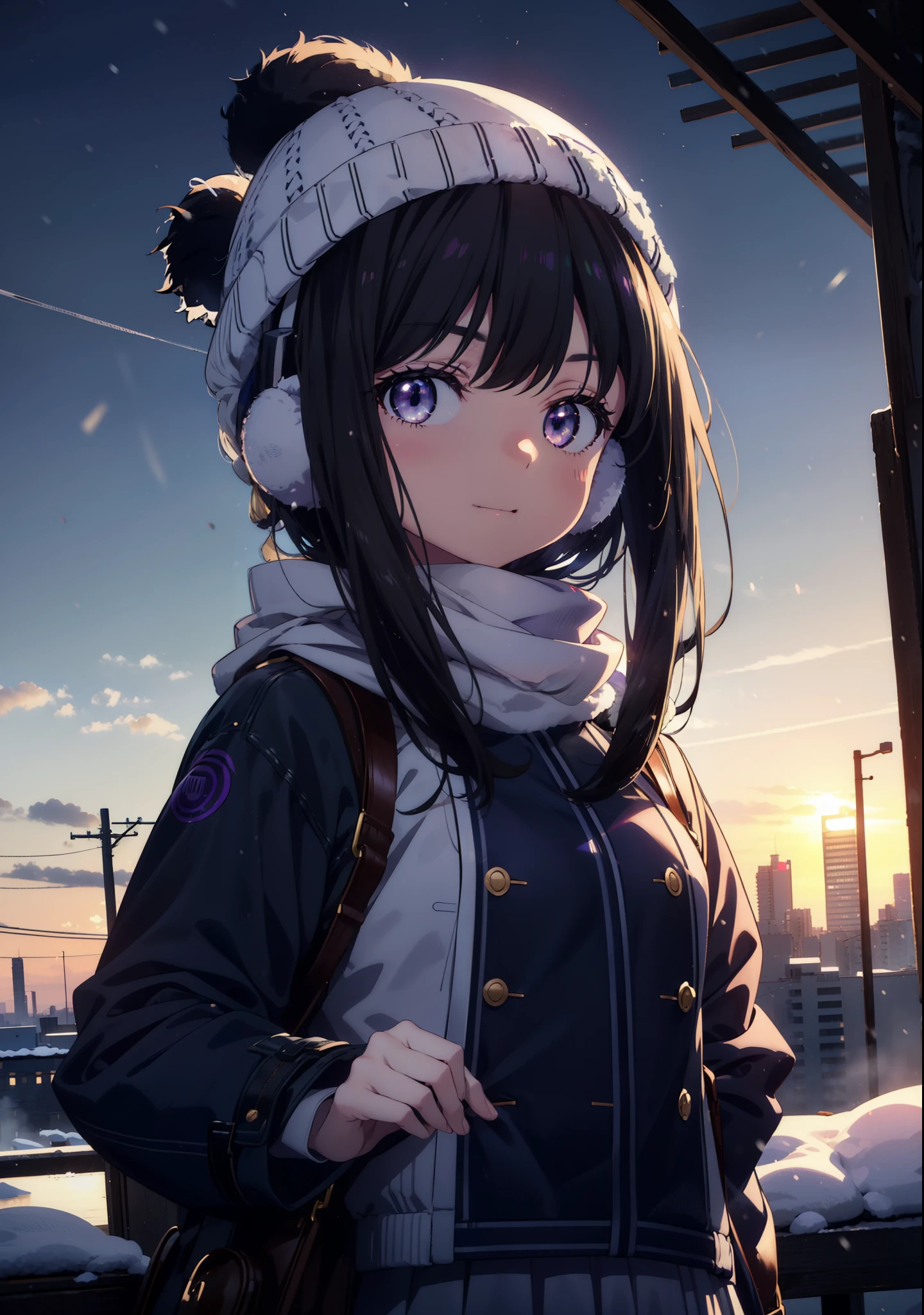 Takiuchikami,Long Hair, bangs, Black Hair, (Purple eyes:1.2),happy smile, smile, Open your mouth,Knitted hat,Earmuffs,Blue oversized coat,White scarf,Long skirt,Black pantyhose,short boots,snowが積もっている,snowが降っている,winter,Cold Sky,night,moonlight,snow,snow,snow,snow,whole bodyがイラストに入るように,Walking,
break looking at viewer, whole body,
break outdoors, city,construction area,
break (masterpiece:1.2), highest qualそれy, High resolution, unそれy 8k wallpaper, (shape:0.8), (Beautiful and beautiful eyes:1.6), Highly detailed face, Perfect lighting, Extremely detailed CG, (Perfect hands, Perfect Anatomy),