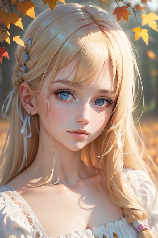 (8k, Highest quality, masterpiece:1.2),(Highest quality:1.0), (Ultra-high resolution:1.0), watercolor, Beautiful woman, shoulder, Hair Ribbon, Agnes Cecil、Blonde、Eyes the same color as hair, Half Body Portrait, Very bright and luminous design, pastel colour, (ink:1.3), Autumn Light,