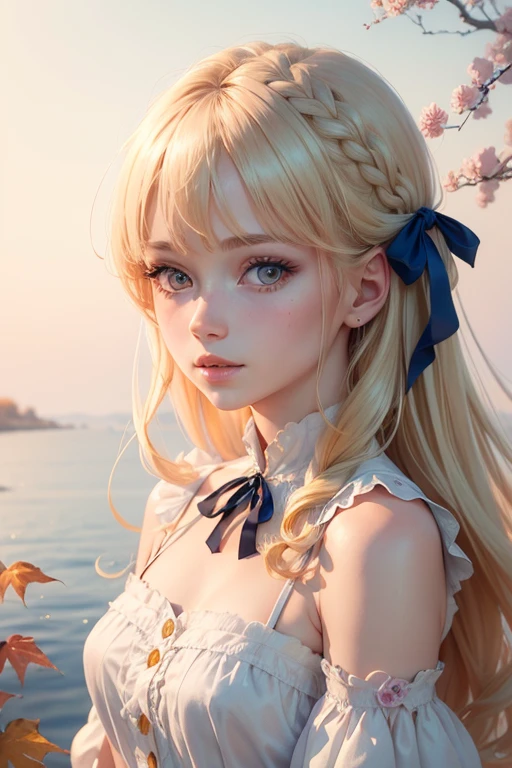 (8k, Highest quality, masterpiece:1.2),(Highest quality:1.0), (Ultra-high resolution:1.0), watercolor, Beautiful woman, shoulder, Hair Ribbon, Agnes Cecil、Blonde、Eyes the same color as hair, Half Body Portrait, Very bright and luminous design, pastel colour, (ink:1.3), Autumn Light,
