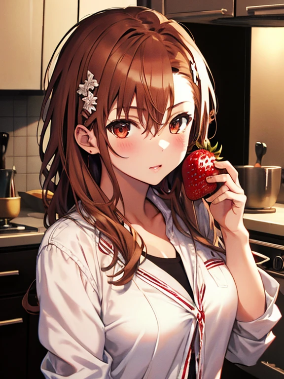  A Strawberry, Kitchen background, Misaka Mikoto, highest quality, 1girl, uhd, retina, masterpiece, ccurate, anatomically correct, textured skin, super detail, high details, high quality, best quality, highres, 4K