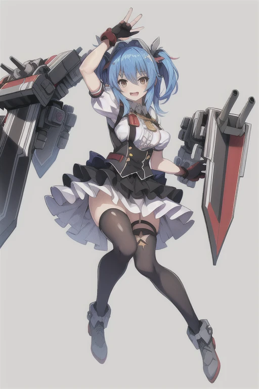 prinz eugen \(warship girls r\),((masterpiece)),(((best quality))),((ultra-detailed)),((illustration)),((disheveled hair)),((frills)),(1 girl),(solo),1girl, arm up, asymmetrical legwear, bangs, black footwear, black gloves, black legwear, black skirt, blue hair, blush, boots, bow, breasts, brown eyes, dress, eyebrows visible through hair, fingerless gloves, full body, gloves, hair ornament, idol, looking at viewer, mecha, medium breasts, multicolored hair, open mouth, ribbon, robot, shirt, short hair, short sleeves, single thighhigh, skirt, smile, solo, star \(symbol\), star hair ornament, thigh strap, thighhighs, two-tone hair, uneven legwear, v, yellow eyes