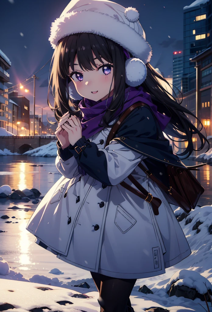 Takiuchikami,Long Hair, bangs, Black Hair, (Purple eyes:1.2),happy smile, smile, Open your mouth,Knitted hat,Earmuffs,Blue oversized coat,White scarf,Long skirt,Black pantyhose,short boots,snowが積もっている,snowが降っている,winter,Cold Sky,night,moonlight,snow,snow,snow,snow,whole bodyがイラストに入るように,Walking,
break looking at viewer, whole body,
break outdoors, city,construction area,
break (masterpiece:1.2), highest qualそれy, High resolution, unそれy 8k wallpaper, (shape:0.8), (Beautiful and beautiful eyes:1.6), Highly detailed face, Perfect lighting, Extremely detailed CG, (Perfect hands, Perfect Anatomy),