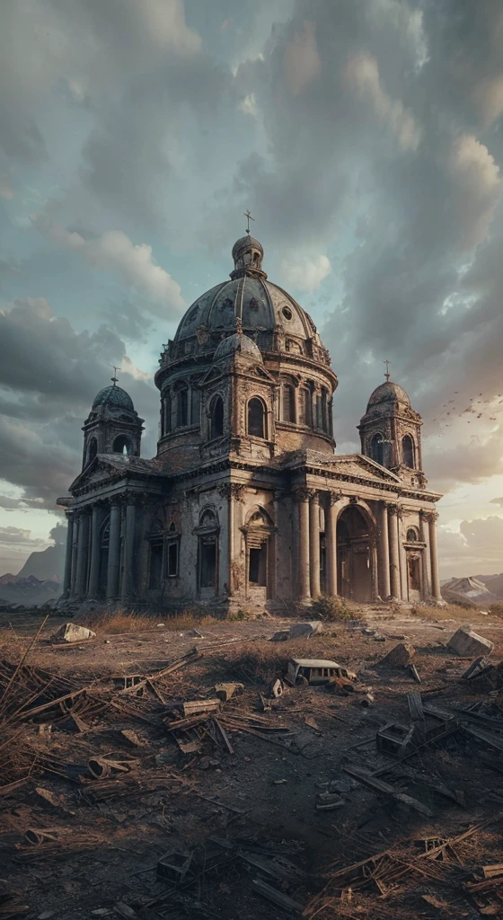 Complete and very real image. An abandoned church. Photorealism, full view, very detailed image, very realistic, hyperrealism, cinematography, Ultra HD, 8k, Unreal Engine 5, sharp focus,