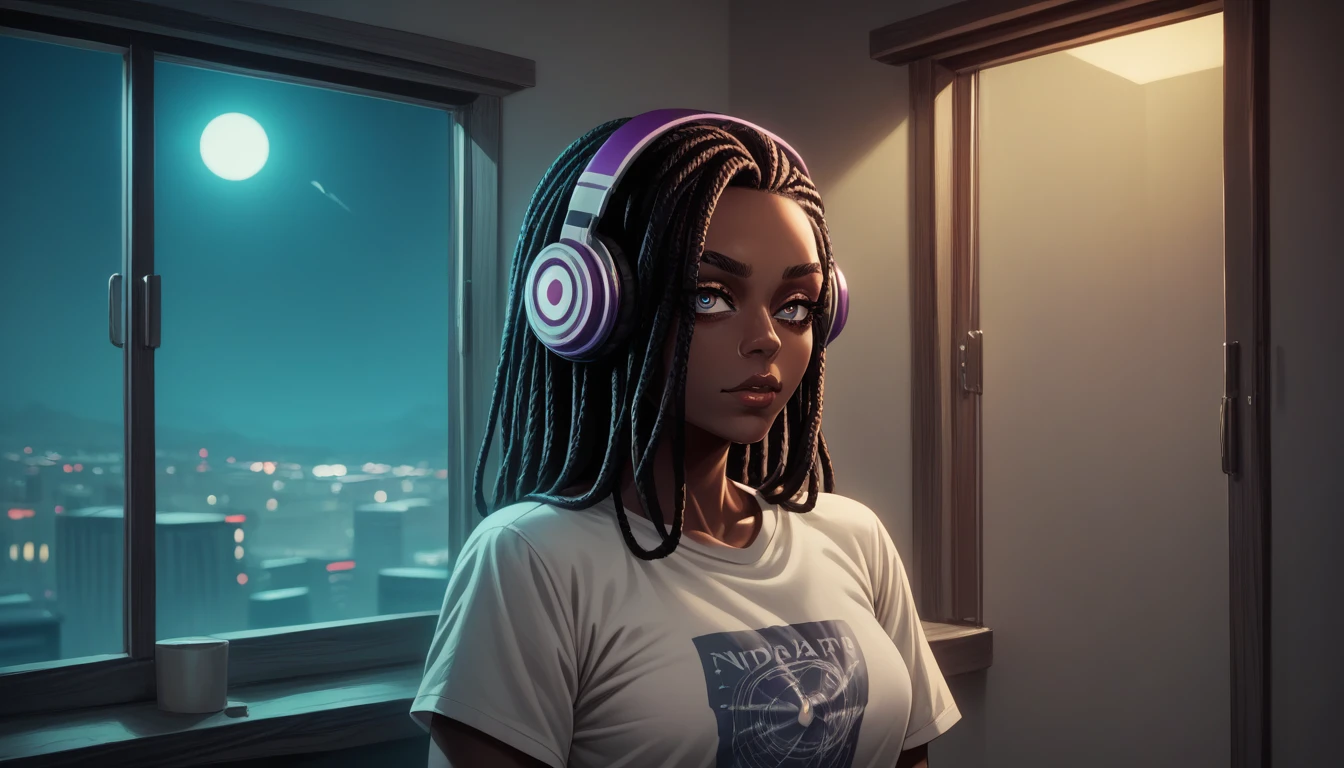 vintage anime t-shirt design, um homem afro-americano com dreadlock, a pair of headphones, in your room facing the window, looking at the dark night, illuminated by city LEDs, (extremely detailed face and body), swirly vibrant colors, (portraite), red color tone, dramatic lighting, (best qualityer, ultra detali, highres), realisitic