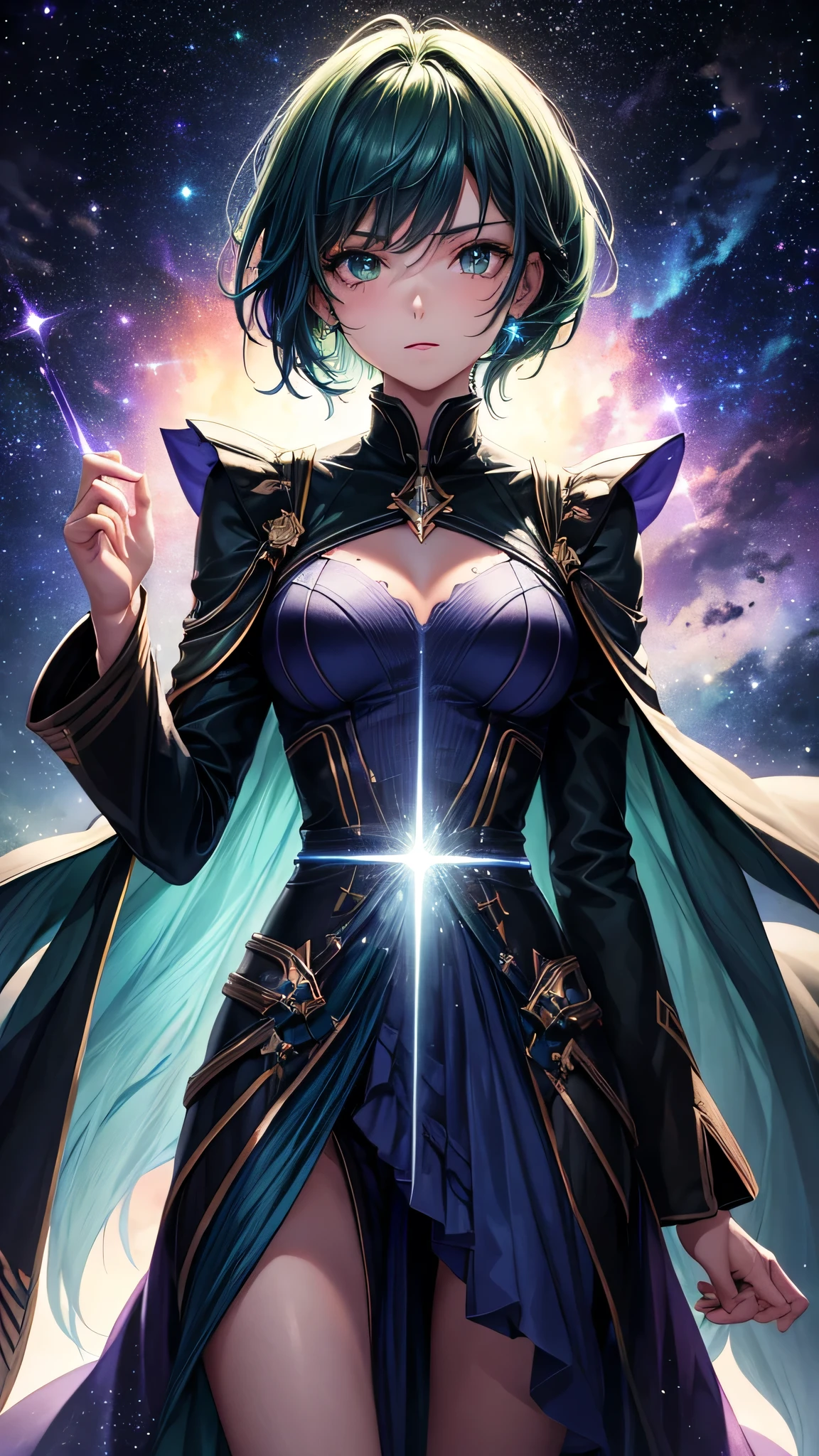 (Dramatic light), (ultra detail body), in horizon, blue, purple starry, Detail sharp face, 1 girl, handsone, 20 yo, short green hair, pony between eyes, green eyes, galaxy, starry night, a traveler, magical, astral view, black cloth, dark green coat, anime art