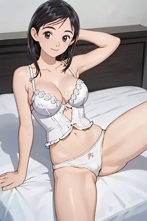 masterpiece, Highest quality, Adult women,Very detailed,,Show your armpits,Black eyes,European facial structure,,Natural Beauty,Cinematic,Breasts are moderately sized 10.0,Spread your legs,Lift your legs,Happy facial expression 2.0,Sexy pose,Open Mouth Smile,Lie down on the bed,belly button,Ass close up,10 White Bras with Detailed Decoration.0,White panties with detailed decoration 10.0,Garter bustier and thong set 10.0,Cleavage,A sheer bra,A woman wearing a lace camisole highlights the delicacy and beauty of the intricate lace pattern.,Always show your face