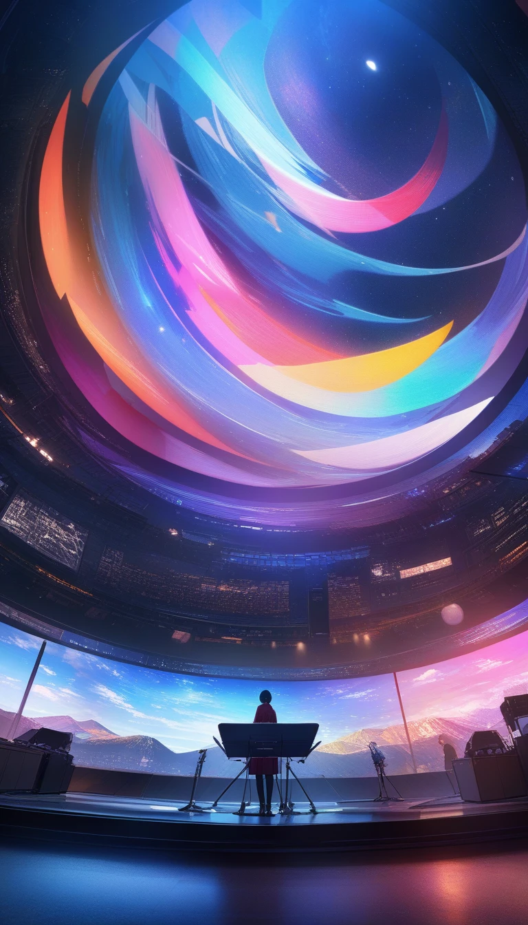 (Panorama, center, masterpiece, Highest quality: 1.2), (8k, RAW Photos, Highest quality), ((masterpiece:1.2)), Genuineistic, Ultra-high resolution, High Contrast, Photon Mapping, Bright colors, Genuine, Very detailedな, Very detailed, RAW Photos, Genuine, Official Art, RAW Photos, Professional Lighting, Light, Professional Writing, twiceLight, Vivid atmosphere, High-definition CG, ユニティ8k),Landscape 60%、Character 40%、River's Viewpoint、Fantastic stream、Mysterious Landscape、milky way、A planet that's not Earth、Two moons、Full moon and crescent moon、shooting star 、One Girl、whole body、Back view、Silver Hair、Long Hair