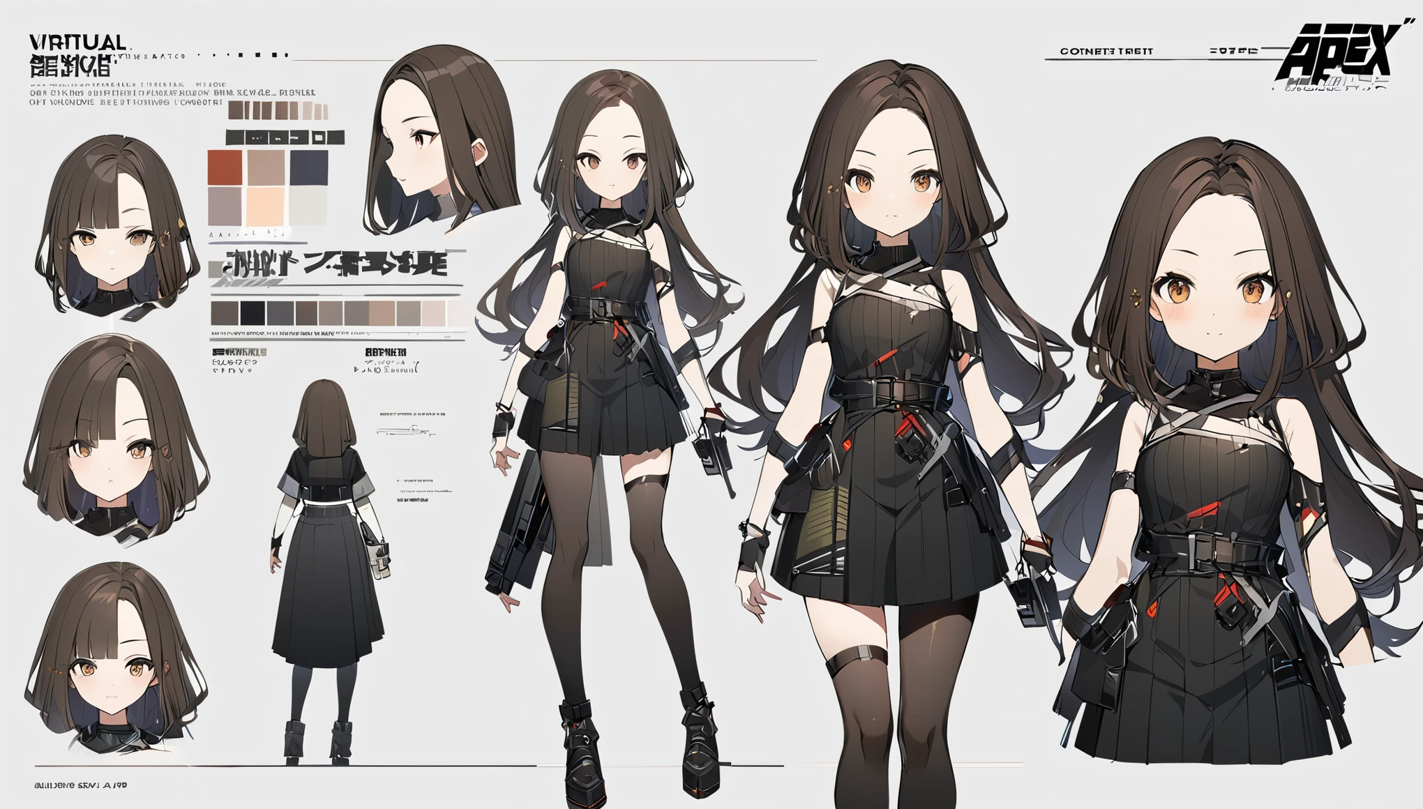 I play at music habs、iDOL、Japanese sword、rifle、Tying up hair、gun、Virtual Character Design,Black Hair、blunt bangs、Straight Hair、Concept character sheet, face, Modern design, 1 female,Sexy concept,