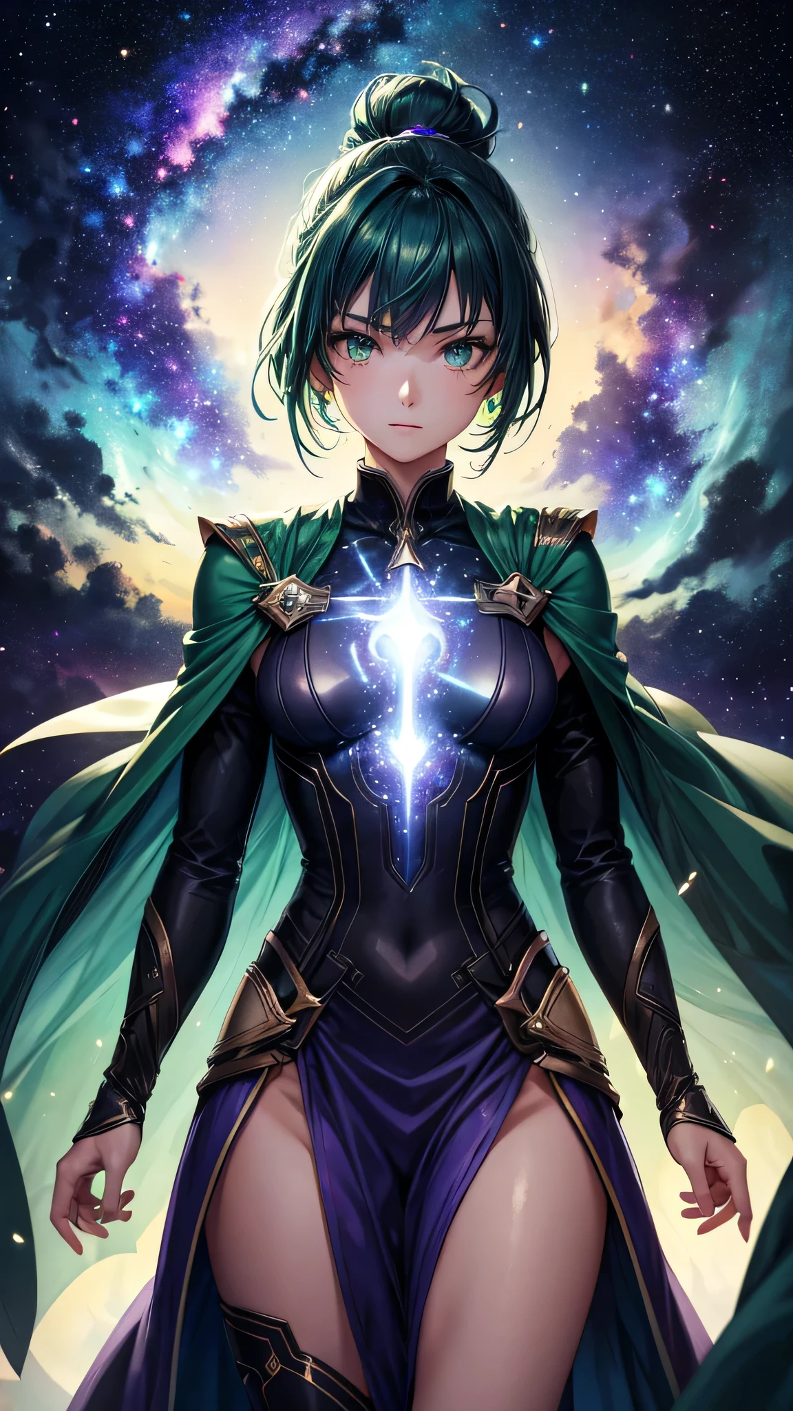 (Dramatic light), (ultra detail body), in horizon, blue, purple starry, Detail sharp face, 1 girl, handsome, cute, 20 yo, short green hair, pony between eyes, green eyes, galaxy, starry night, a traveler, magical, astral view, black cloth, dark green coat, anime art