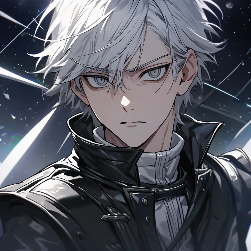 High quality, HD, 4k, no shadows, handsome male, 1male, , teenager, shwhite hair, silver hair, white hair, sharp eyes, dark grey colored eyes, deep grey eyes, grey eyes, devil may cry, close up, calm expression, stoic expression, black leather clothes, white leather clothing, lean body, well trained body, upper body, looking at viewer, cowboy shot, white solar, space background