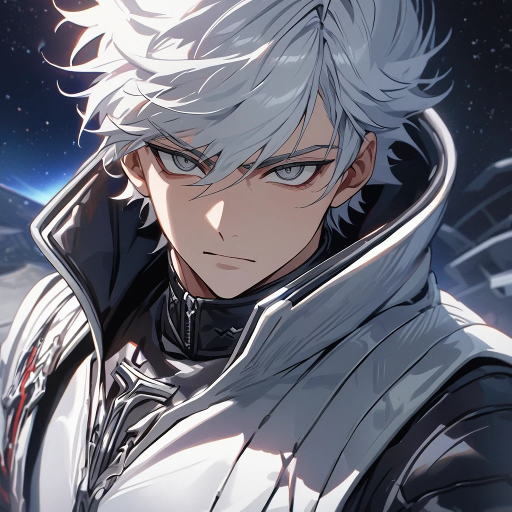 High quality, HD, 4k, no shadows, handsome male, 1male, 17 years old, teenager, short white hair, silver hair, white hair, sharp eyes, dark grey colored eyes, deep grey eyes, grey eyes, devil may cry, close up, calm expression, stoic expression, black leather clothes, white leather clothing, lean body, well trained body, upper body, looking at viewer, cowboy shot, white solar, space background