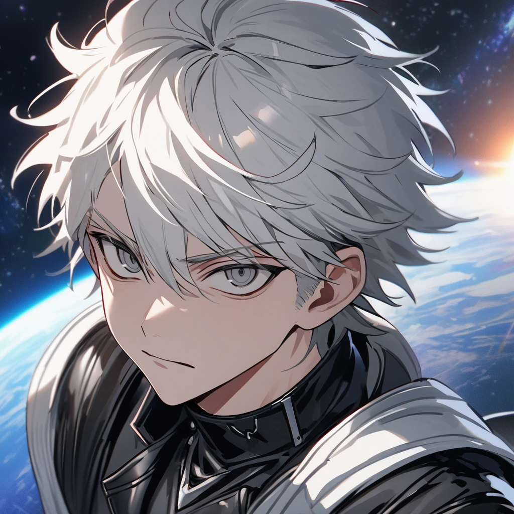 High quality, HD, 4k, no shadows, handsome male, 1male, , teenager, shwhite hair, silver hair, white hair, sharp eyes, dark grey colored eyes, deep grey eyes, grey eyes, devil may cry, close up, calm expression, stoic expression, black leather clothes, white leather clothing, lean body, well trained body, upper body, looking at viewer, cowboy shot, white solar, space background