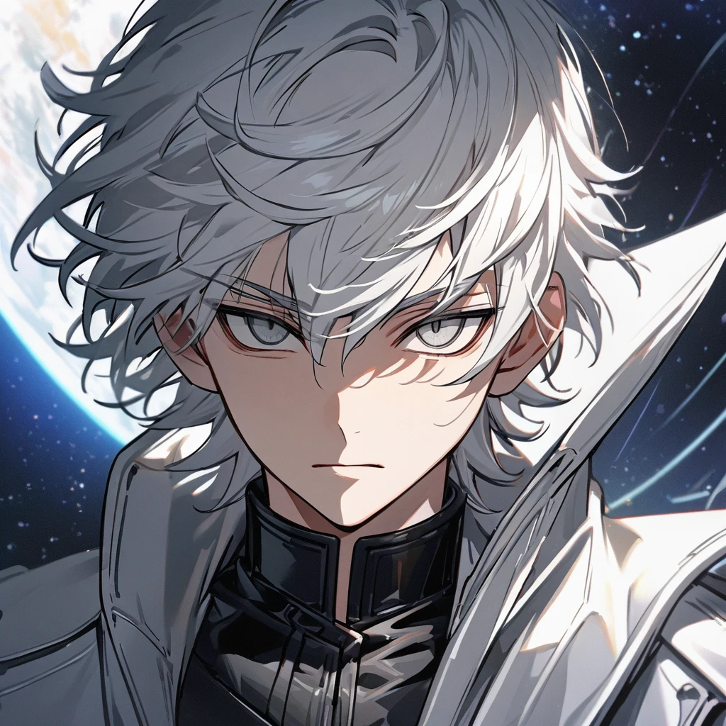 High quality, HD, 4k, no shadows, handsome male, 1male, 17 years old, teenager, short white hair, silver hair, white hair, sharp eyes, dark grey colored eyes, deep grey eyes, grey eyes, devil may cry, close up, calm expression, stoic expression, black leather clothes, white leather clothing, lean body, well trained body, upper body, looking at viewer, cowboy shot, white solar, space background