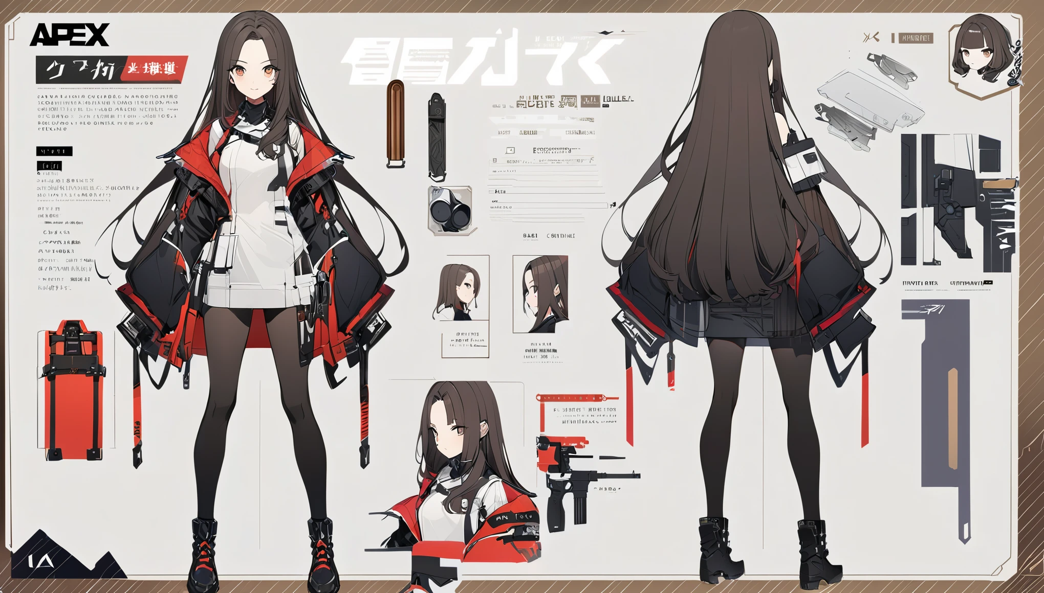 Forehead、Brown Hair、Shoulder-length hair、Center part、APEX、gun、Virtual Character Design,Black Hair、blunt bangs、Straight Hair、Brown Hair、Concept character sheet, face, Modern design, 1 female,Sexy concept,