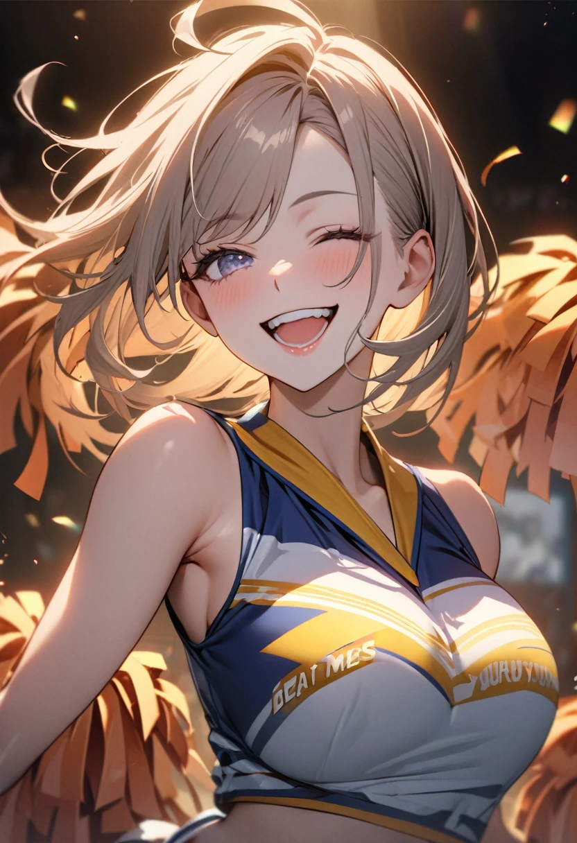 (masterpiece:1.3), (8K、best quality:1.4), (Best image quality, Intricate details, high resolution, Depth field, Natural light, Professional lighting), (1 girl), (Solitary), (Asian Girls, Very beautiful 18 year old comic girl), (Very beautiful woman、A charming and beautiful woman, 美しい銀髪のBob Cooter, 強い青いEye, 強いEyeのハイライト, Large breasts, Perfect anatomical structure, Dynamic Lighting, Lip Gloss), A beautiful face with perfect symmetry, Beautiful and delicate woman, Very nice facial details, とても美しい詳細なEye, Smile at the audience, Laughing happily, Beautiful Teeth, Beautiful Teeth alignment, Very detailed, Very detailed, Beautiful Teeth, Beautiful Teeth alignment, Very detailed, Very detailed, ((Detailed cheerleader:1.2)), The light shines on your face, ((Dynamic poses)), Bob Cooter, Cross Bangs, Asymmetrical bangs, Long Neck, Let me see your ears, disappear&#39;Eye, Eyelash, Lovely, Large breasts、very beautiful and big, Very beautiful breast shape, Beautiful cleavage, Tall supermodel, Long-legged supermodel, 超级名模Dress up as a cheerleader, Strike a pose, Dress up as a cheerleader, woman closeup, to the camera, laughter, (Cheerleading costumes), ((scarf, Open-front sleeveless shirt, Flared skirt, mini skirt)), Young slim gravure idol, Young gravure idol, Young gravure idol, Stadium background during daytime