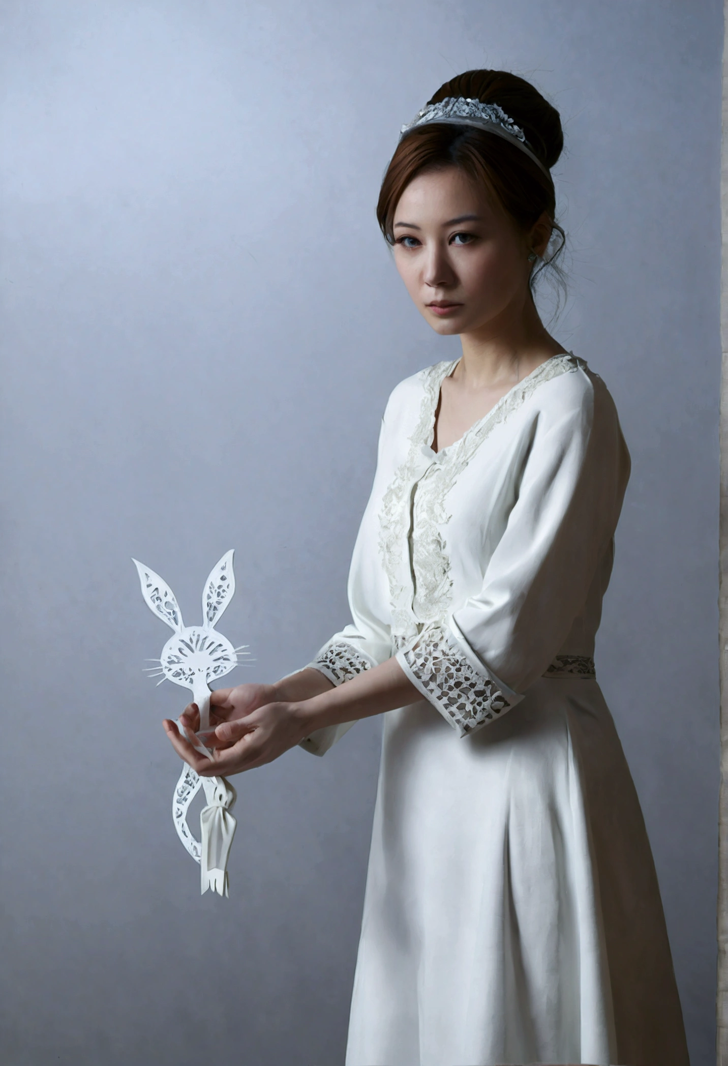 (Silhouette Art,Crop:1.6)
(((Paper cutting art,A world where only black exists:1.3)

(Cowboy Shot),1 girl,alone,
(Rabbit Eared Girl,profile:1.2),white, Clear and beautiful face,15 nights、lappland、Mochi-breaking
(Silvery Moon)
Textured glass background,Arcana World